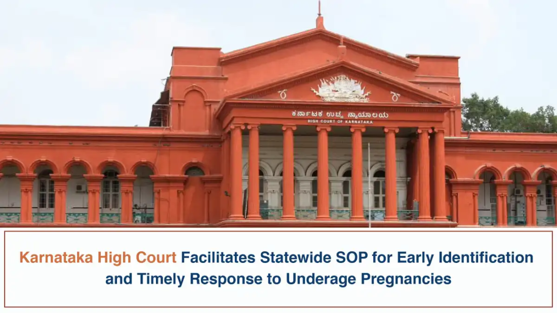 Karnataka High Court building with caption announcing a statewide SOP for underage pregnancies